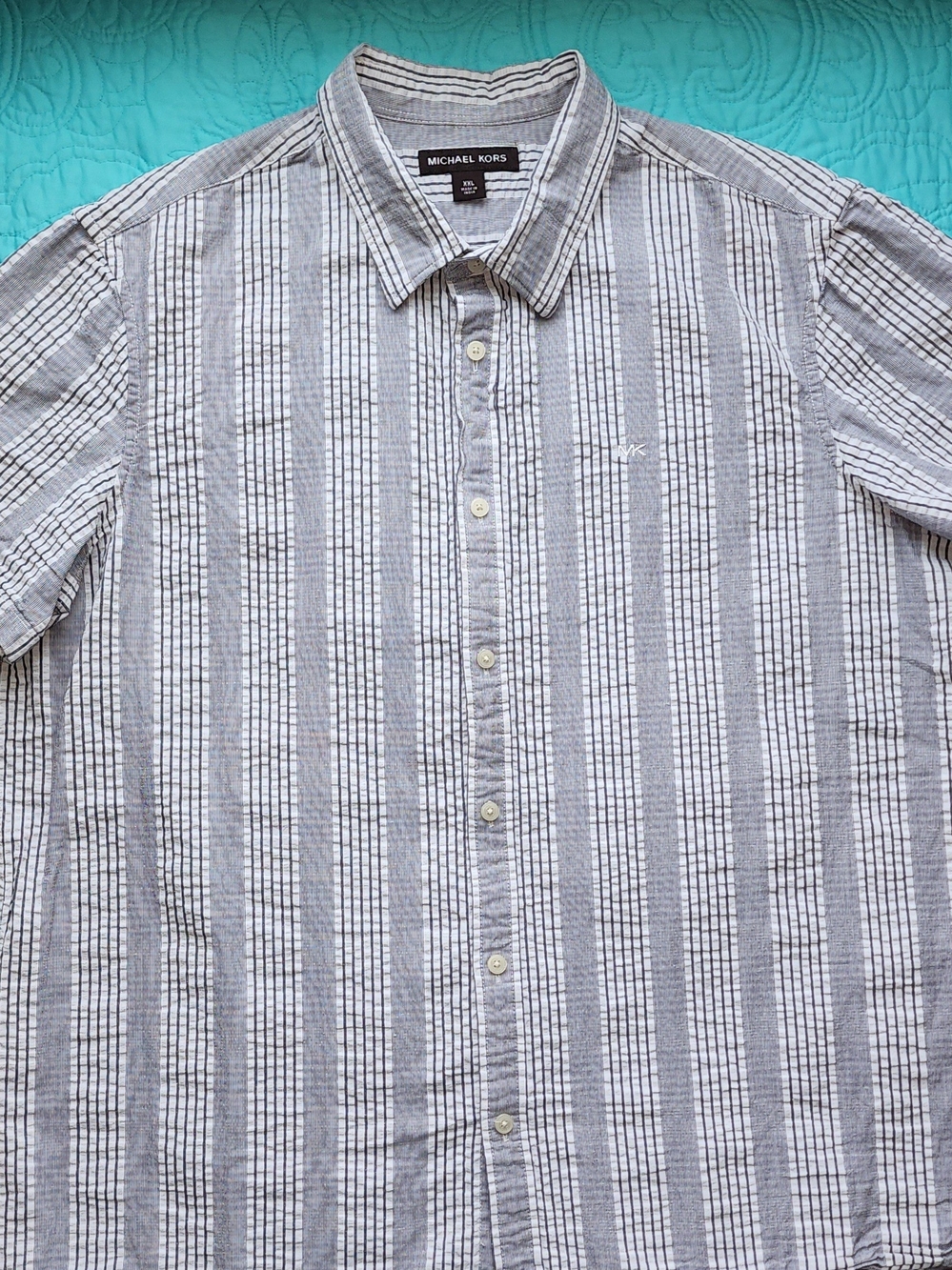 Michael Kors Men's Gray and White Vertical Stripe Button-Down Shirt